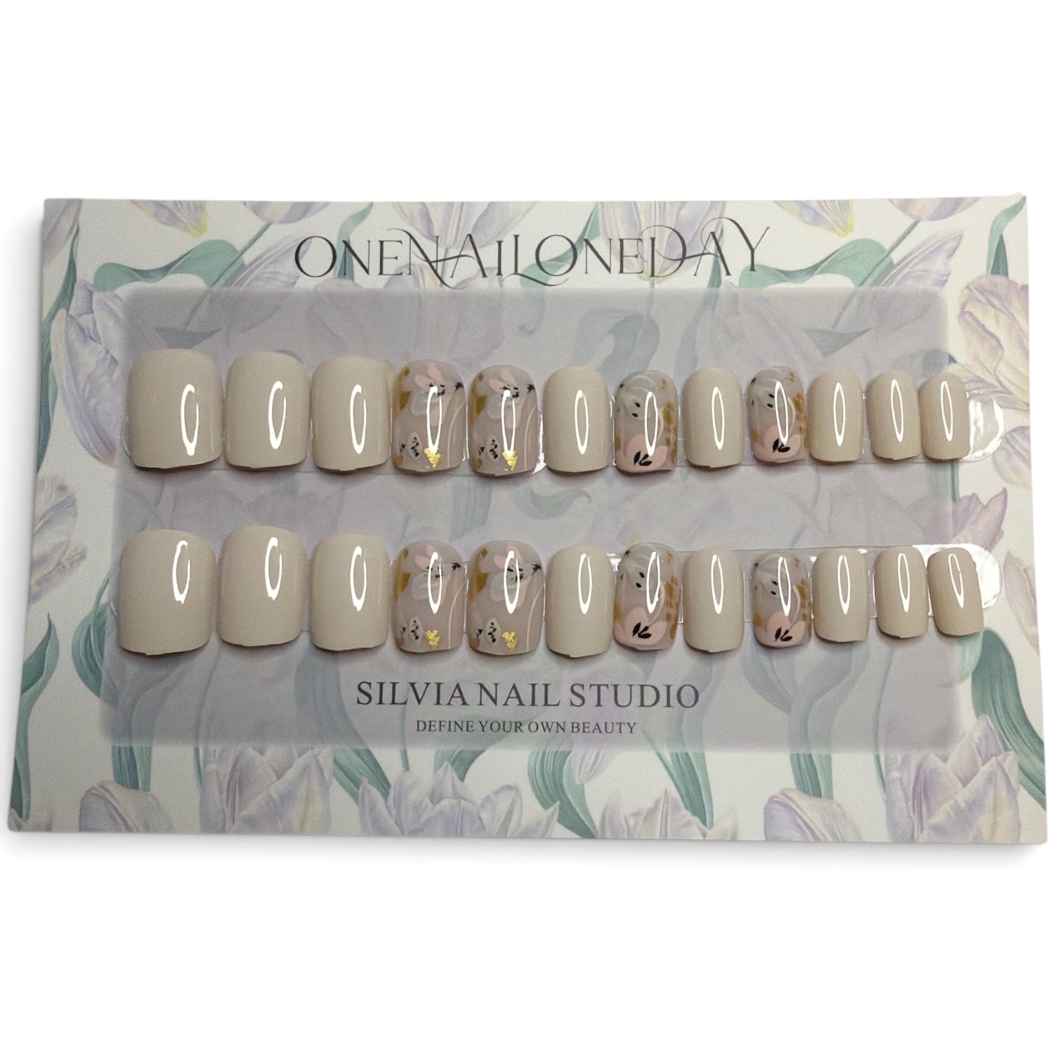 Beige Floral Everyday Press On Nail Set (Medium)
