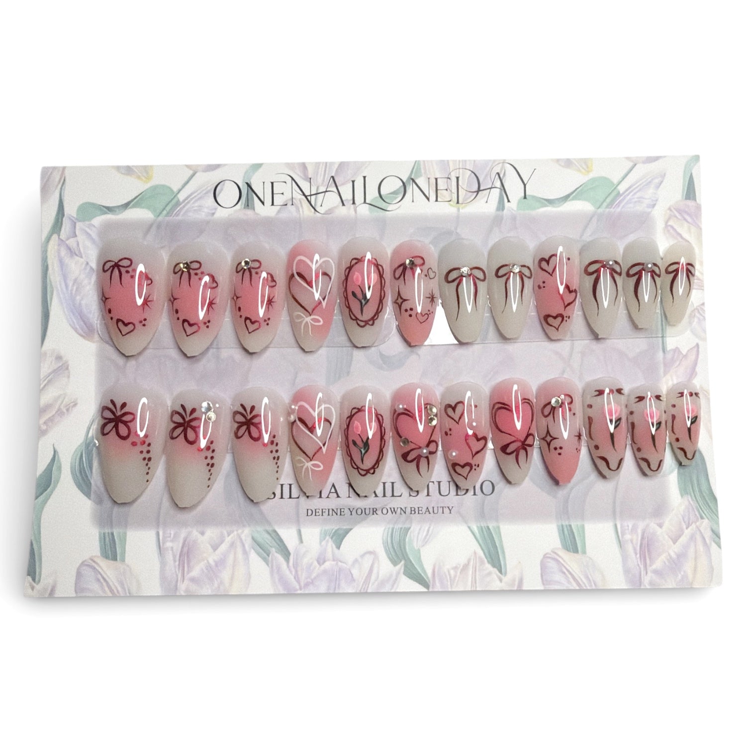 Handpainted Hearts of Love Press On Nail Set (Long)